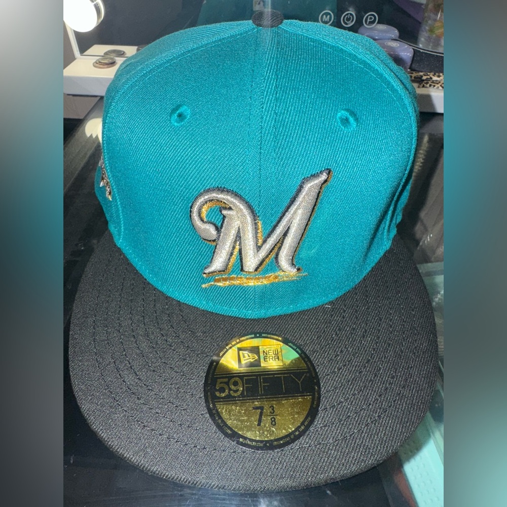 Milwaukee Brewers Teal Black Silver Metallic Men's 59FIFTY Fitted Hat 7 3/8 NEW